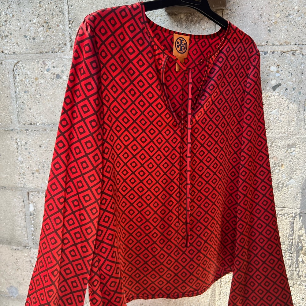 Tory Burch Womens Silk Blouse Red Geometric Small